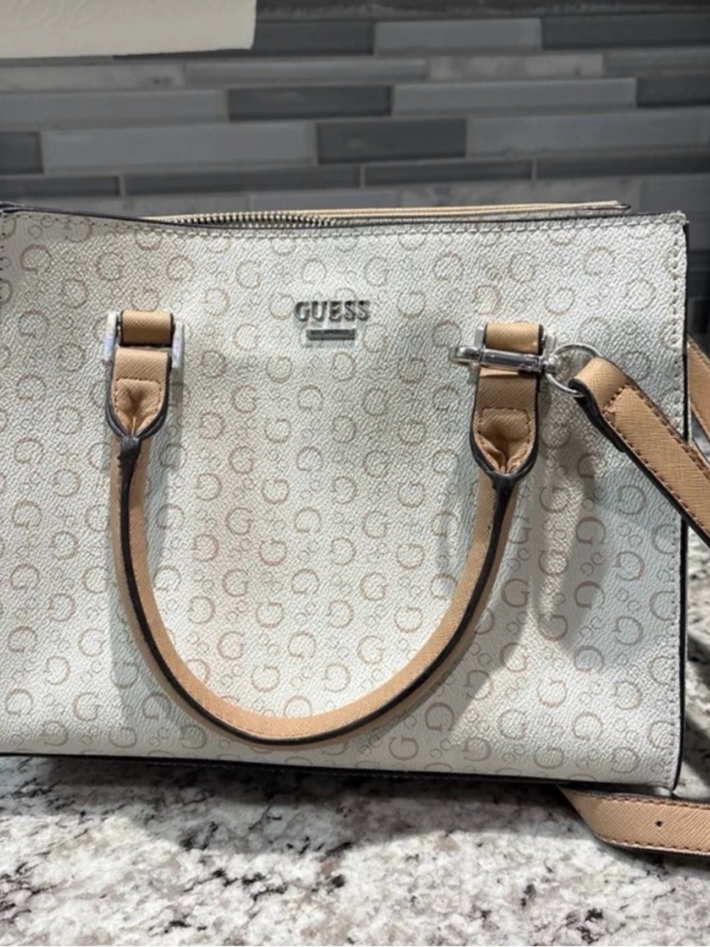 GUESS Cream Logo Satchel with Tan Handles